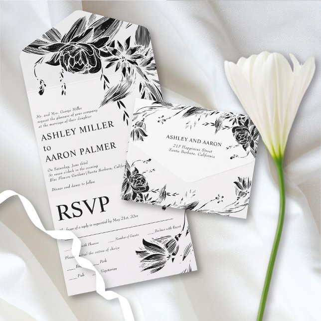 Black and white line art flowers wedding  all in one invitation (Creator Uploaded)