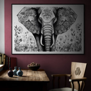 Black and white line drawing Elephant   Ai Poster