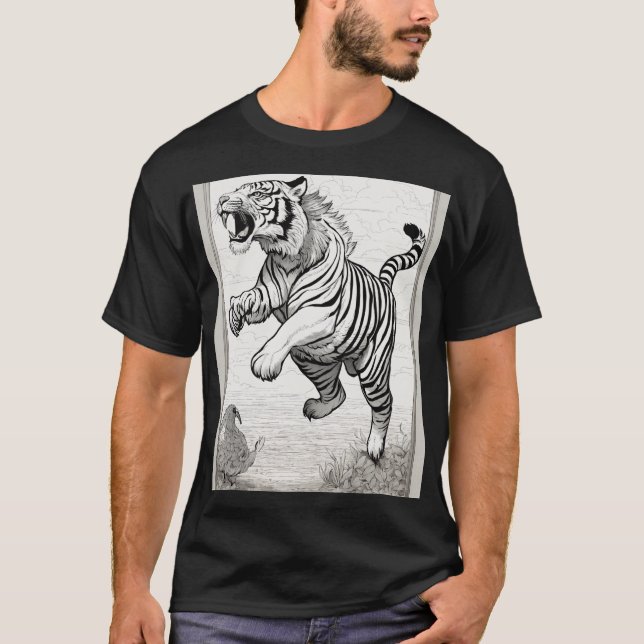 Black and White Line Drawings: Tiger Jumping and P T-Shirt (Front)