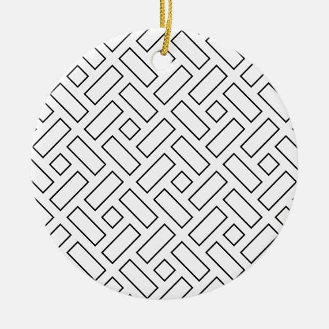 Black and White Linear Block Pattern - White Ceramic Ornament (Front)