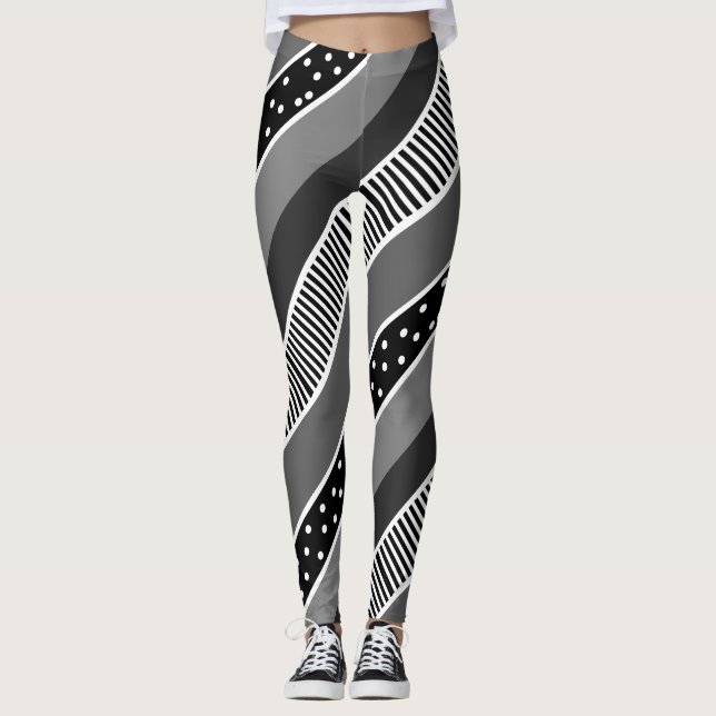 Black and White Lines and Polka Dot Abstract Leggings (Front)