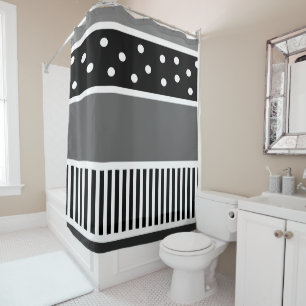 Black and White Lines and Polka Dot Shower Curtain