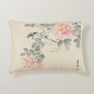 Black and White Little Bird Among Pink Flowers Accent Pillow