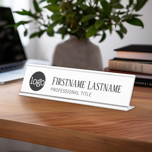 Black and White - Logo, Name, Professional Title Desk Name Plate (Custom Name Plate for Desk or Office)