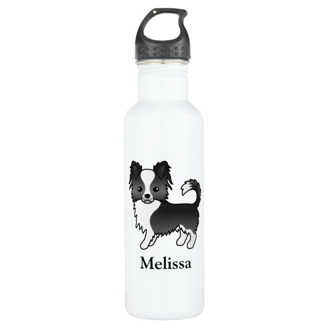 Black And White Long Coat Chihuahua Dog & Name 710 Ml Water Bottle (Front)