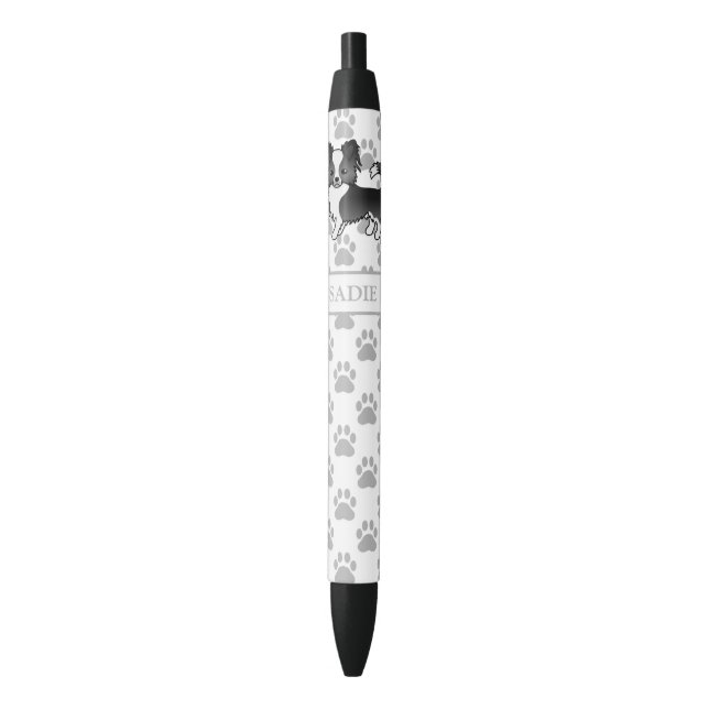 Black And White Long Coat Chihuahua Dog & Name Black Ink Pen (Front Vertical)