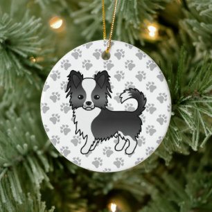 Black And White Long Coat Chihuahua Dog & Paws Ceramic Ornament