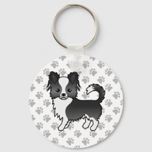 Black And White Long Coat Chihuahua Dog & Paws Keychain