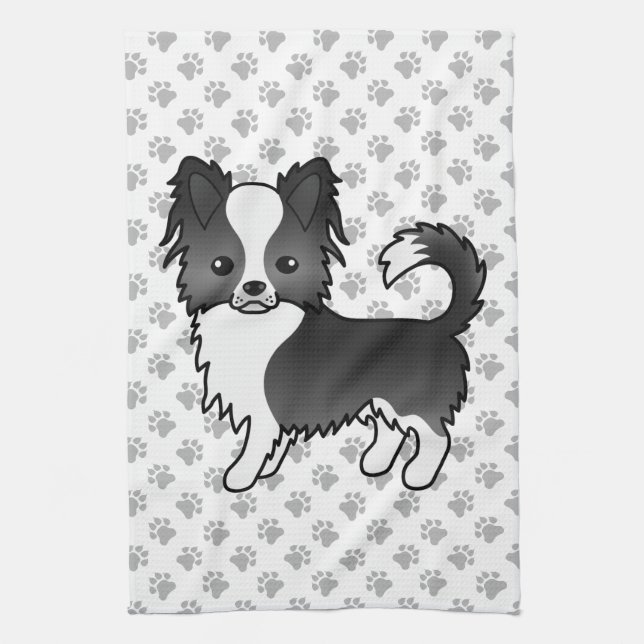 Black And White Long Coat Chihuahua Dog & Paws Kitchen Towel (Vertical)