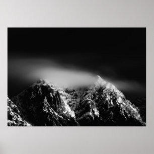 Black and white long exposure clouds over mountain poster