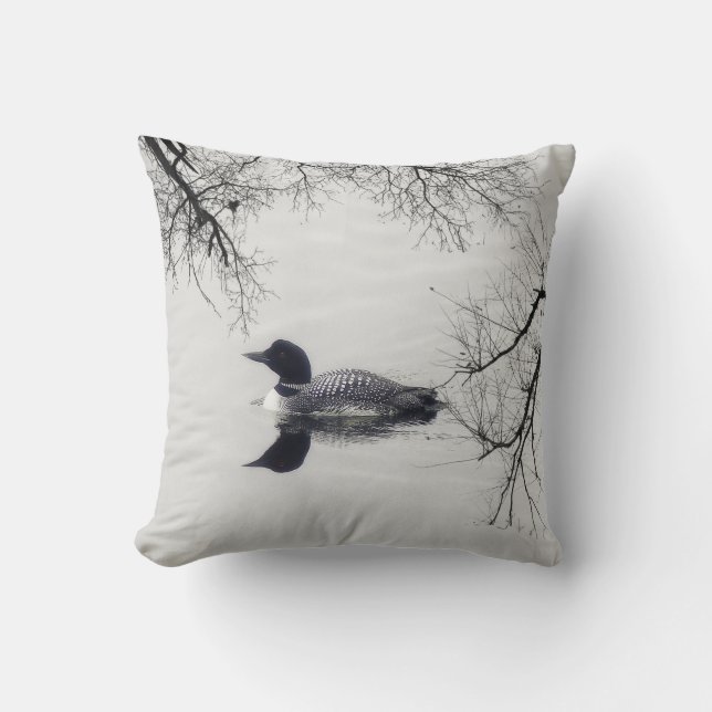 Black and white loon on a lake decor pillow (Front)