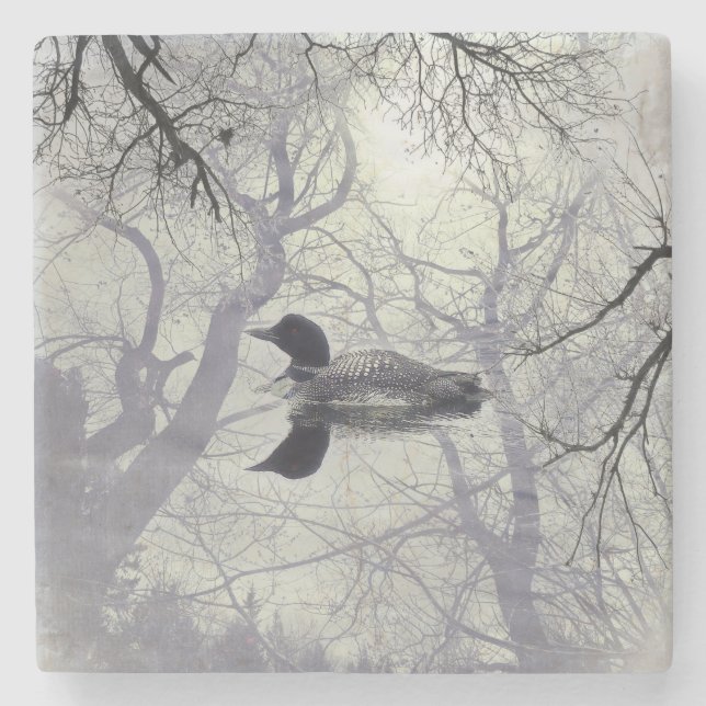 Black and white loon on a lake    marble coaster (Front)