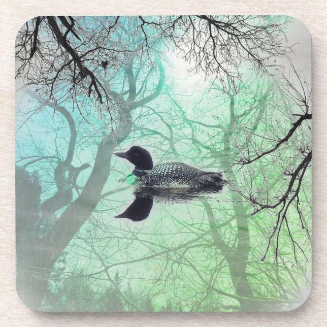 Black and white loon on a lake set of coasters (Front)