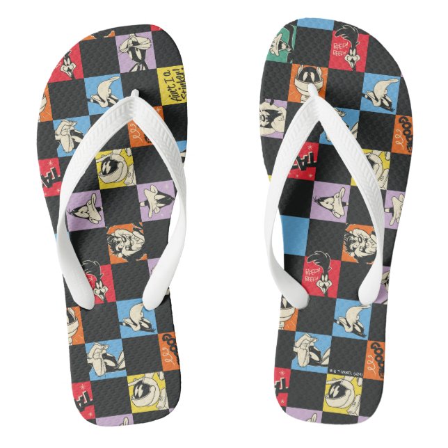 Black and White LOONEY TUNES™ in Colourful Chequer Flip Flops (Footbed)