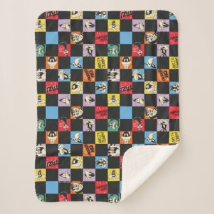 Black and White LOONEY TUNES™ in Colourful Chequer Sherpa Blanket
