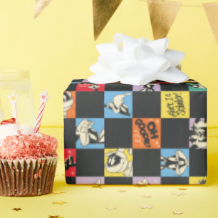 Black and White LOONEY TUNES™ in Colourful Chequer Wrapping Paper