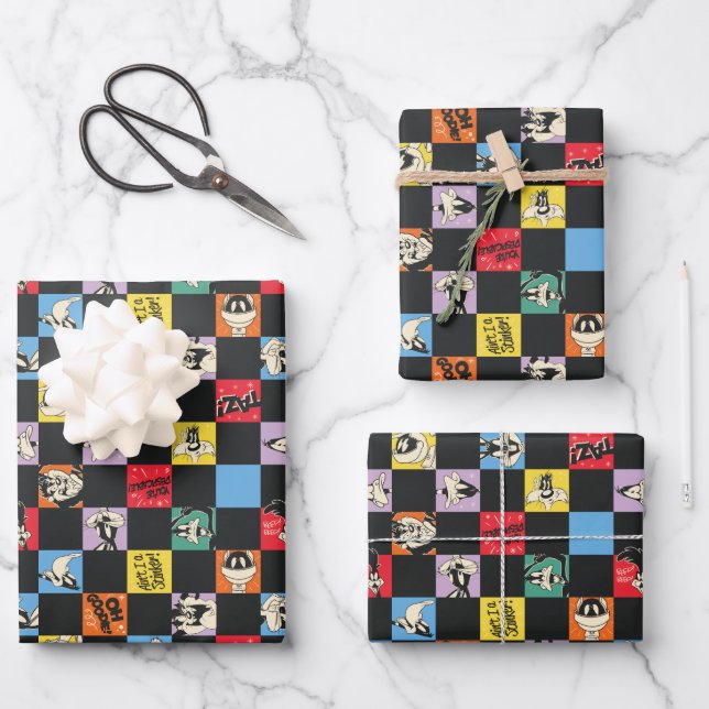Black and White LOONEY TUNES™ in Colourful Chequer Wrapping Paper Sheet (Front)
