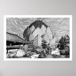 Black and White Lotus Architecture Line Art Print. Poster