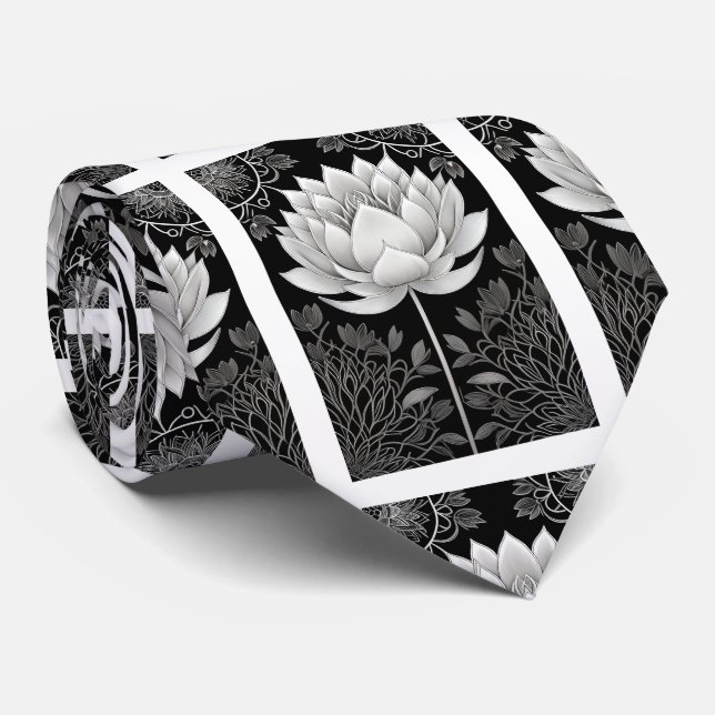 Black and White Lotus Pattern Tie (Rolled)