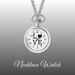 Black and white Love Necklace Watch<br><div class="desc">Necklace Watch gift.
With the word 'love' and a heart shape replacing the letter O.
Black and white</div>