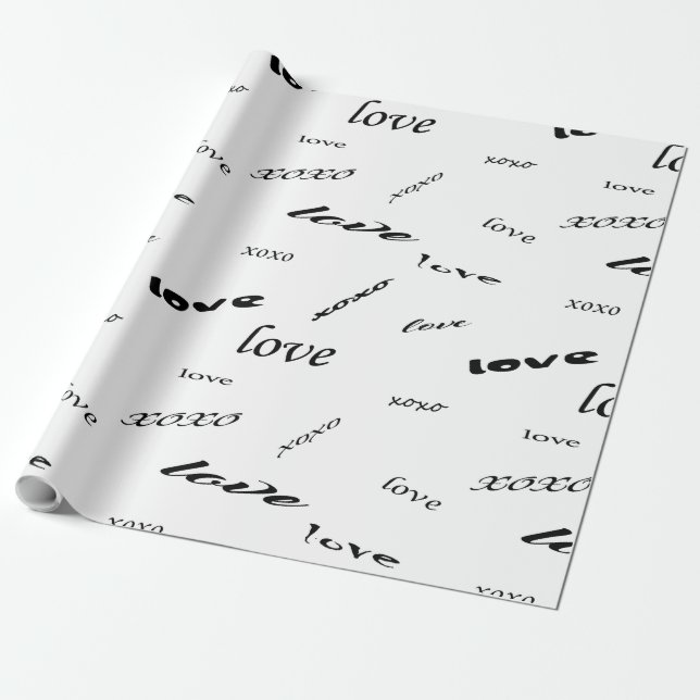 Black and White Love Xoxo Pattern Wrapping Paper (Unrolled)