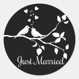 Black and White Lovebirds Just Married Wedding Classic Round Sticker