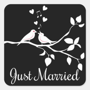 Black and White Lovebirds Just Married Wedding Square Sticker