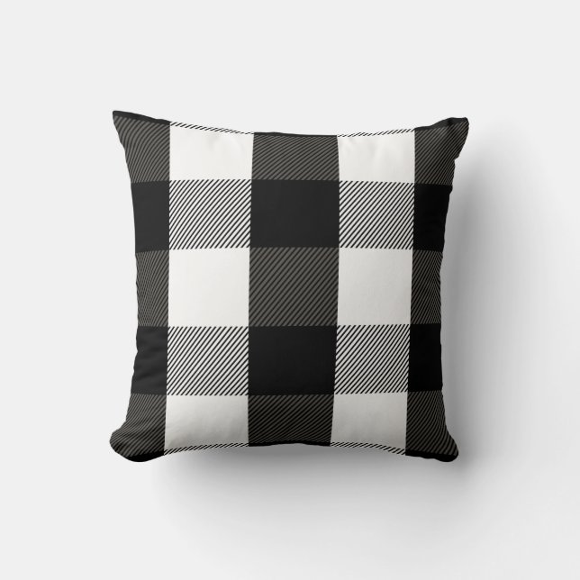 Black and White Lumberjack Plaid Flannel Pattern Throw Pillow (Front)