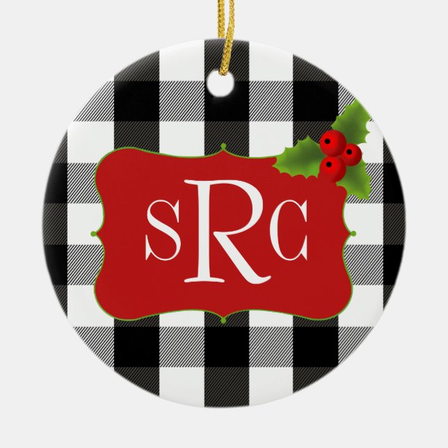 Black and White Lumberjack Plaid Holly Monogram Ceramic Ornament (Front)