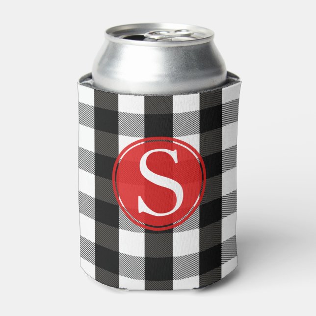 Black and White Lumberjack Plaid Monogram Can Cooler (Can Front)