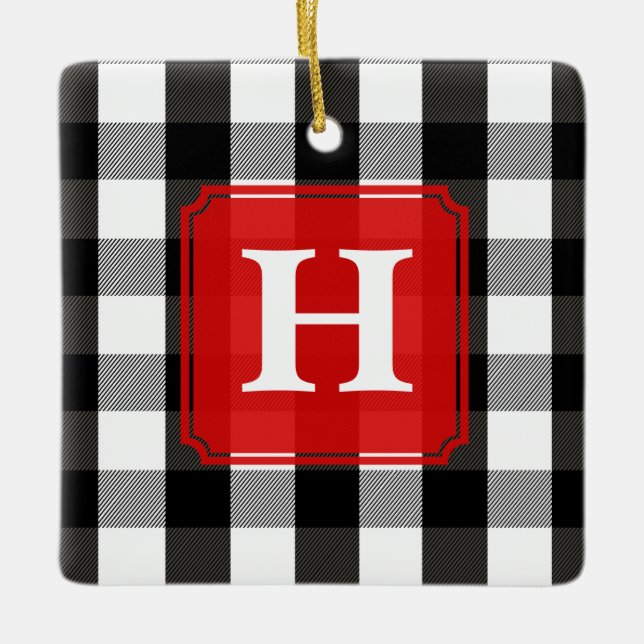 Black and White Lumberjack Plaid Monogram Ceramic Ornament (Front)
