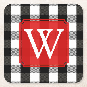 Black and White Lumberjack Plaid Monogram Square Paper Coaster