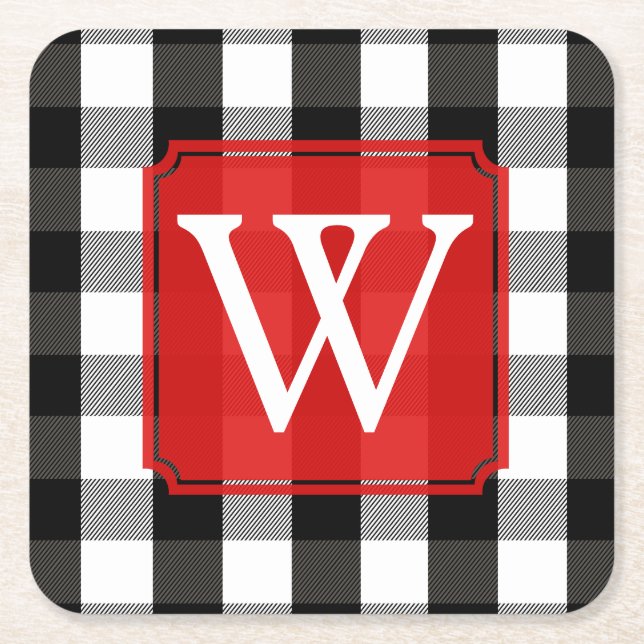 Black and White Lumberjack Plaid Monogram Square Paper Coaster (Front)