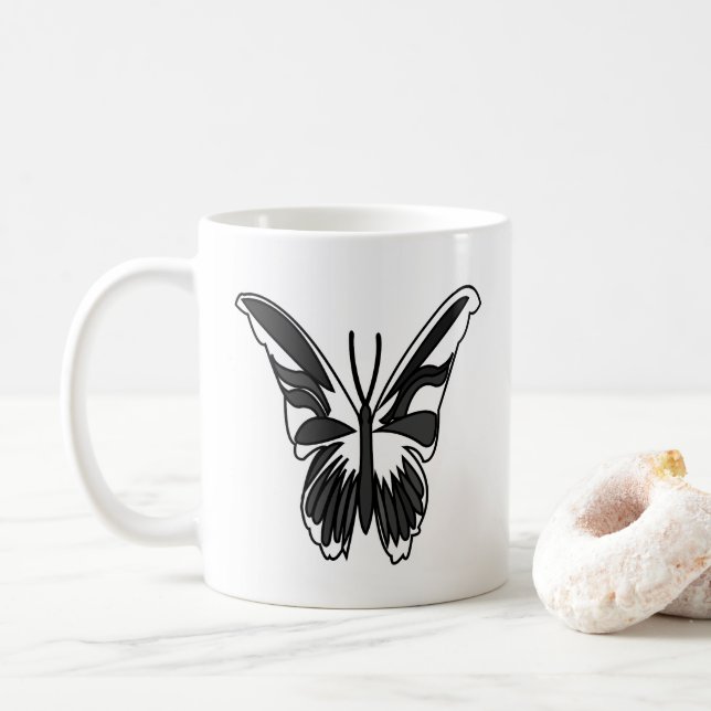 Black and White Luna Moth Butterfly Coffee Mug (With Donut)