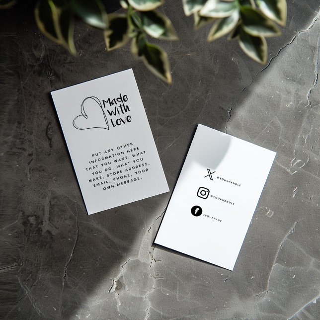 Black and white made with love, heart social links enclosure card (Front and back of "Made with love" insert card with heart, message and social media details)