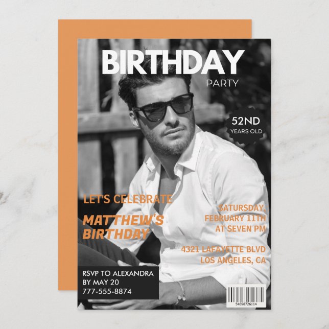 Black and white Magazine Editorial 52nd birthday Invitation (Front/Back)