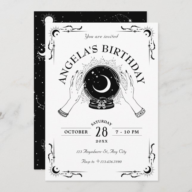 Black and white magic moon crystal ball birthday  invitation (Front/Back)