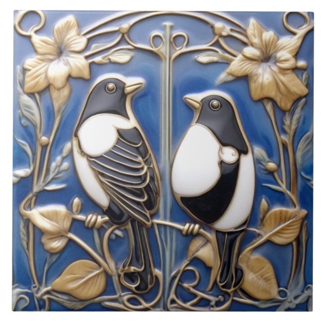Black and white Magpie Art Nouveau Art Deco Birds Tile (Front)