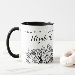 Black and White MAID OF HONOR Bouquet with Name Mug