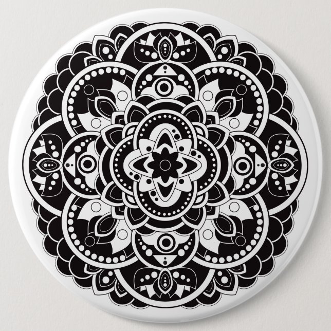 Black and white mandala 6 inch round button (Front)