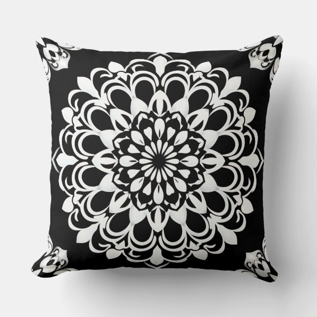 Black and White Mandala Design Throw Pillow (Front)
