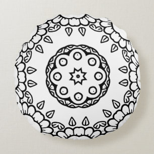 Black and White Mandala Frame Pattern Round Pillow
