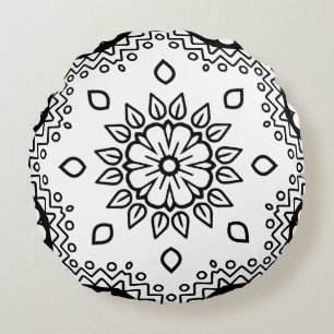 Black and White Mandala Frame Pattern Round Pillow