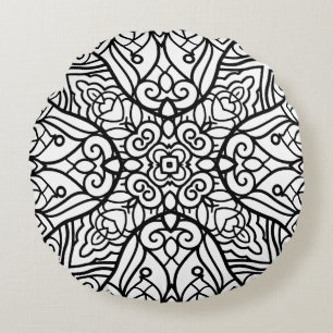 Black and White Mandala Frame Pattern Round Pillow