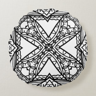 Black and White Mandala Frame Pattern Round Pillow