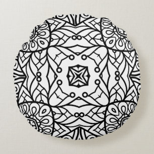 Black and White Mandala Frame Pattern Round Pillow