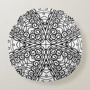 Black and White Mandala Frame Pattern Round Pillow