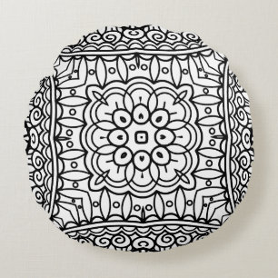 Black and White Mandala Frame Pattern Round Pillow