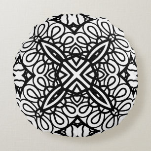 Black and White Mandala Frame Pattern Round Pillow