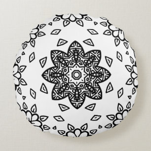 Black and White Mandala Frame Pattern Round Pillow